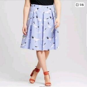 Who What Wear Blue Stripe Crane Bird Pleated Full Skirt 100% Cotton Size 8 Midi
